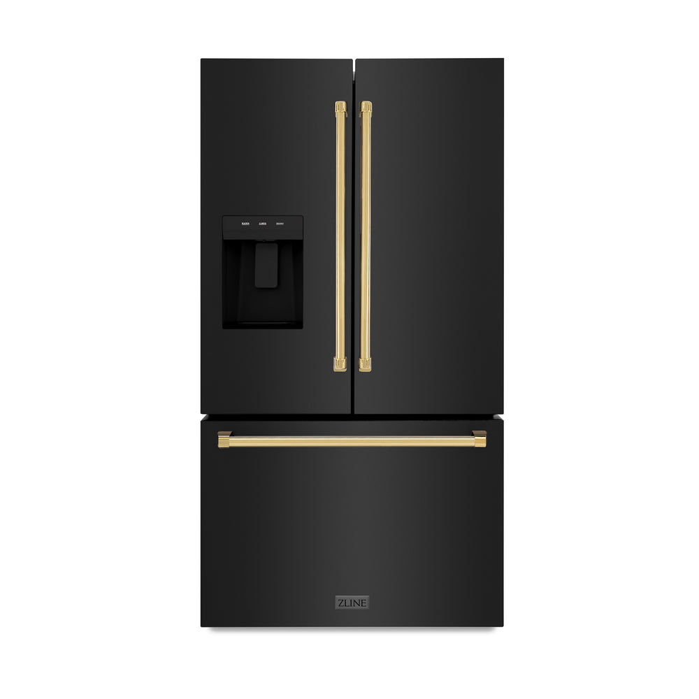 ZLINE KITCHEN & BATH Standard-Depth 28.9-cu ft 3 -Door French Door Refrigerator with Ice Maker with Water and Ice Dispenser ( Black Stainless Steel with Polished Gold Handle ) ENERGY STAR Certified