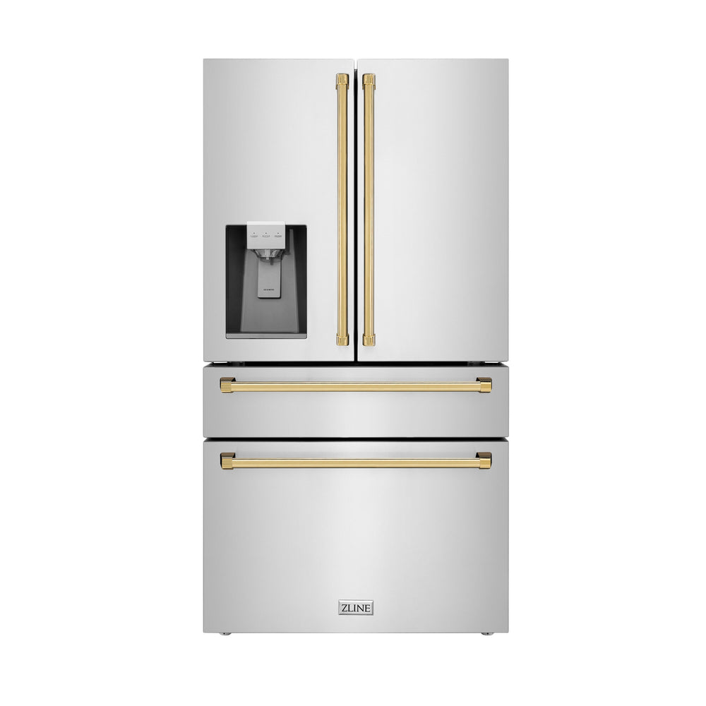 ZLINE KITCHEN & BATH Counter-Depth 21.6-cu ft 4 -Door French Door Refrigerator with Ice Maker with Water Dispenser ( Fingerprint Resistant Stainless Steel with Polished Gold accent Handles ) ENERGY STAR Certified