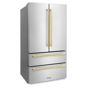 ZLINE KITCHEN & BATH Counter-Depth 22.5-cu ft 4 -Door French Door Refrigerator with Ice Maker ( Stainless Steel with flat Champagne Bronze Accent Handles ) ENERGY STAR Certified