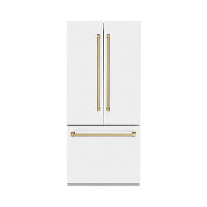 ZLINE KITCHEN & BATH Counter-Depth 19.6-cu ft 3 -Door Built-In French Door Refrigerator with Ice Maker with Water Dispenser ( Stainless Steel with White Matte door and Champagne Bronze Accent handle ) ENERGY STAR Certified