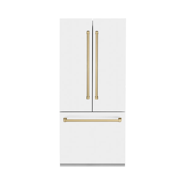 ZLINE KITCHEN & BATH Counter-Depth 19.6-cu ft 3 -Door Built-In French Door Refrigerator with Ice Maker with Water Dispenser ( Stainless Steel with White Matte door and Champagne Bronze Accent handle ) ENERGY STAR Certified