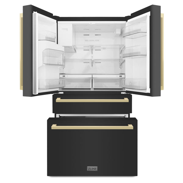 ZLINE KITCHEN & BATH Counter-Depth 22.5-cu ft 4 -Door Built-In French Door Refrigerator with Ice Maker with Water Dispenser ( Black Stainless Steel with Chamagne Bronze accent Handles ) ENERGY STAR Certified