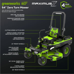Greenworks 60V 54″ MaximusZ Zero Turn Riding Mower with (2) 20.0 Ah, (2) 8.0 Ah & (2) 4.0 Ah Batteries and 1.5kW Charger 7422302