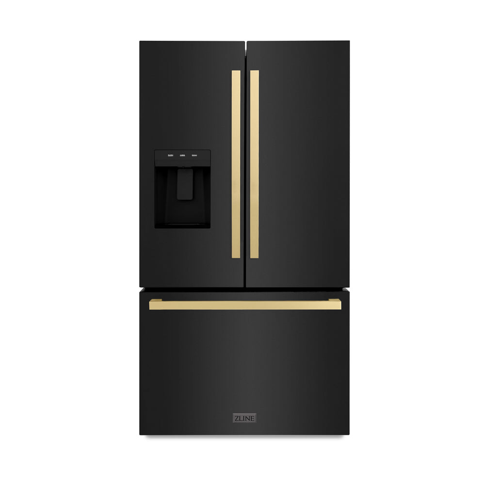 ZLINE KITCHEN & BATH Standard-Depth 28.9-cu ft 3 -Door French Door Refrigerator with Ice Maker with Water and Ice Dispenser ( Black Stainless Steel with Flat Champagne Bronze Handles ) ENERGY STAR Certified