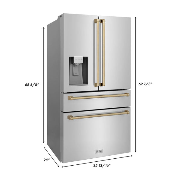 ZLINE KITCHEN & BATH Counter-Depth Autograph Edition 21.6-cu ft 4 -Door French Door Refrigerator with Ice Maker with Water Dispenser ( Fingerprint Resistant Stainless Steel with Champagne Bronze accent Handles ) ENERGY STAR Certified