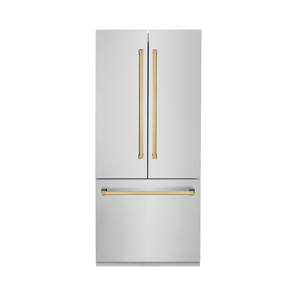 ZLINE KITCHEN & BATH Counter-Depth Autograph Edition 19.6-cu ft 3 -Door Built-In French Door Refrigerator with Ice Maker with Water Dispenser ( Stainless Steel with Polished Gold Handles ) ENERGY STAR Certified