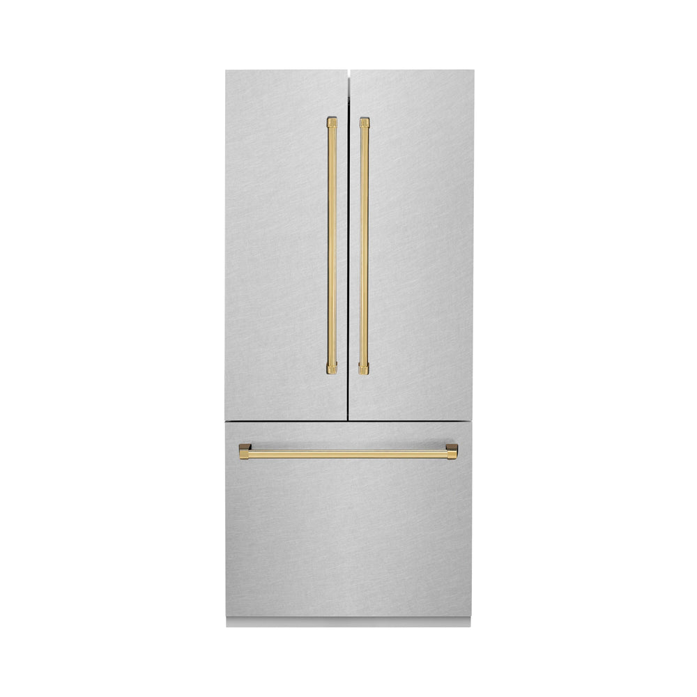 ZLINE KITCHEN & BATH Counter-Depth 19.6-cu ft 3 -Door Built-In French Door Refrigerator with Ice Maker with Water Dispenser ( Satin Stainless Steel, Polished Gold Handle ) ENERGY STAR Certified