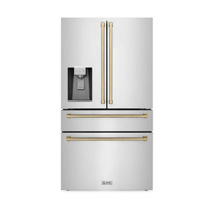 ZLINE KITCHEN & BATH Counter-Depth Autograph Edition 21.6-cu ft 4 -Door French Door Refrigerator with Ice Maker with Water Dispenser ( Fingerprint Resistant Stainless Steel with Champagne Bronze accent Handles ) ENERGY STAR Certified