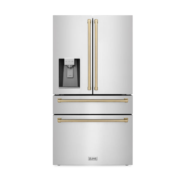 ZLINE KITCHEN & BATH Counter-Depth Autograph Edition 21.6-cu ft 4 -Door French Door Refrigerator with Ice Maker with Water Dispenser ( Fingerprint Resistant Stainless Steel with Champagne Bronze accent Handles ) ENERGY STAR Certified