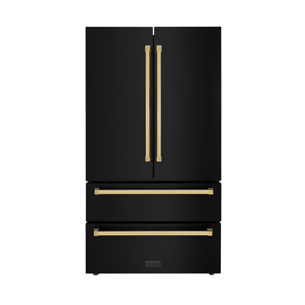 ZLINE KITCHEN & BATH Counter-Depth 22.5-cu ft 4 -Door French Door Refrigerator with Ice Maker with Ice Dispenser ( Fingerprint Resistant Black Stainless Steel with Polished Gold accent Handles ) ENERGY STAR Certified