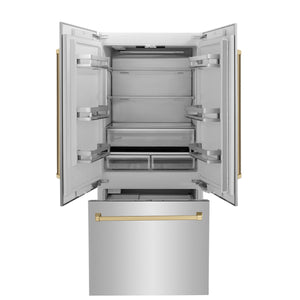 ZLINE KITCHEN & BATH Counter-Depth Autograph Edition 19.6-cu ft 3 -Door Built-In French Door Refrigerator with Ice Maker with Water Dispenser ( Stainless Steel with Champagne Bronze Handles ) ENERGY STAR Certified