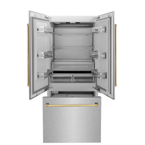 ZLINE KITCHEN & BATH Counter-Depth 19.6-cu ft 3 -Door Built-In French Door Refrigerator with Ice Maker with Water Dispenser ( Satin Stainless Steel, Polished Gold Handle ) ENERGY STAR Certified