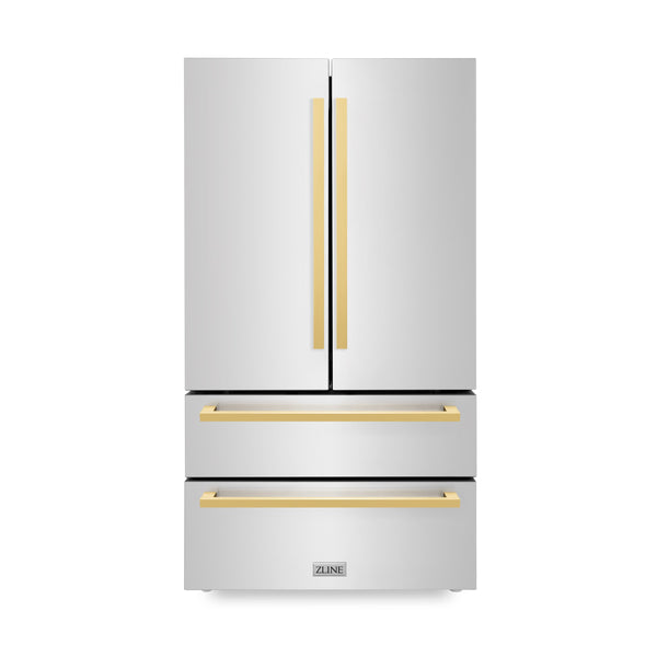 ZLINE KITCHEN & BATH Counter-Depth 21.6-cu ft 4 -Door French Door Refrigerator with Ice Maker with Ice Dispenser ( Stainless Steel with Flat Polished Gold Handle ) ENERGY STAR Certified