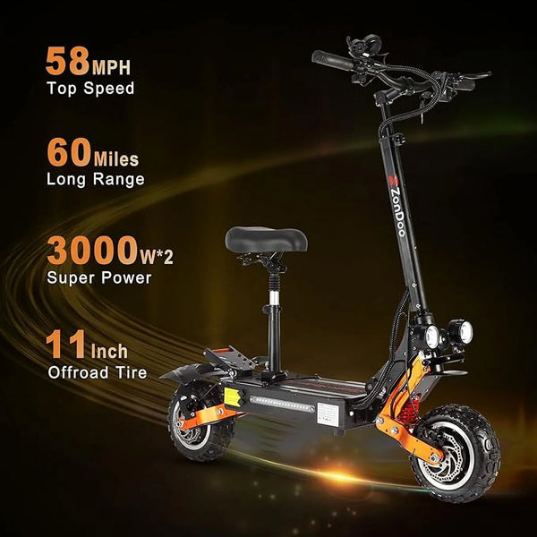 ZonDoo ZO01 Plus Electric Scooter Adults 60V 6000W Dual Motor,Up to 58MPH 60 Miles Range E-Scooter with Seat for Adults