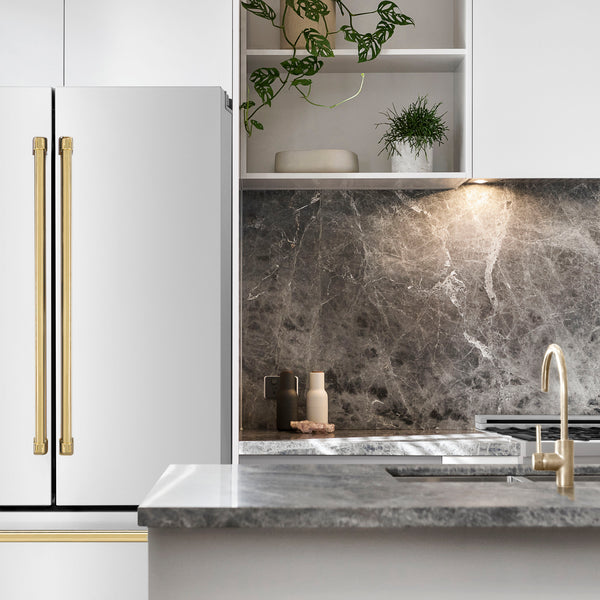 ZLINE KITCHEN & BATH Counter-Depth 22.5-cu ft 4 -Door French Door Refrigerator with Ice Maker with Ice Dispenser ( Stainless Steel w/ Polished Gold accent Handles ) ENERGY STAR Certified