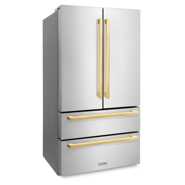 ZLINE KITCHEN & BATH Counter-Depth 21.6-cu ft 4 -Door French Door Refrigerator with Ice Maker with Ice Dispenser ( Stainless Steel with Flat Polished Gold Handle ) ENERGY STAR Certified