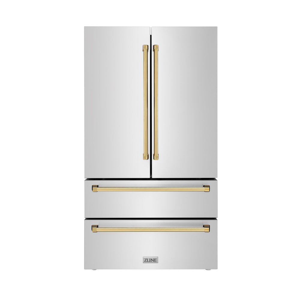 ZLINE KITCHEN & BATH Counter-Depth 22.5-cu ft 4 -Door French Door Refrigerator with Ice Maker with Ice Dispenser ( Stainless Steel w/ Polished Gold accent Handles ) ENERGY STAR Certified