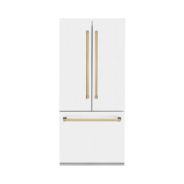 ZLINE KITCHEN & BATH Counter-Depth 19.6-cu ft 3 -Door Built-In French Door Refrigerator with Ice Maker with Water Dispenser ( Stainless Steel with a White Matte door and Polished Gold Handle ) ENERGY STAR Certified